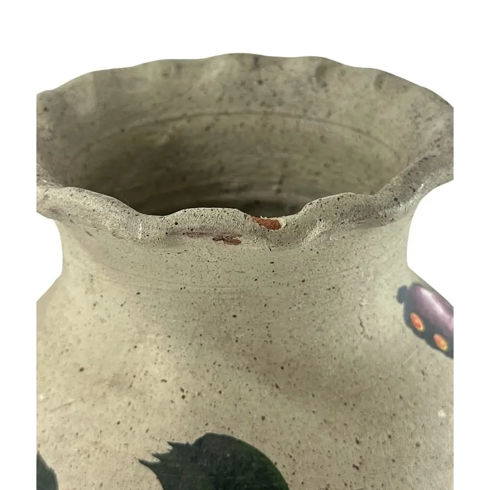 Vintage Hand Painted Pottery Vase Butterfly Floral Folk Art Scalloped Rim 6”